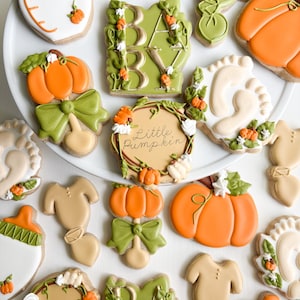 Pumpkin baby shower cookies / pumpkin custom cookies / a little pumpkin is on the way cookies / what will our little pumpkin be cookies