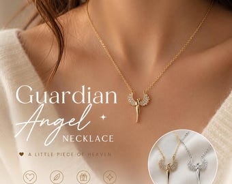 Collar de ángel guardián • Colgante de ala de ángel • Circonita cúbica • Oro o plata
