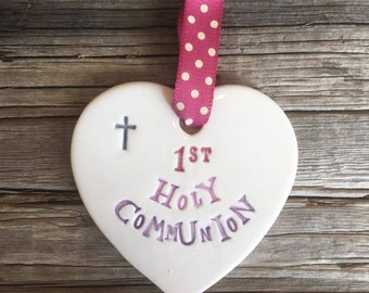 Holy Communion - Pink ǀ Porcelain Hanging Heart ǀ Keepsake ǀ First Holy Communion