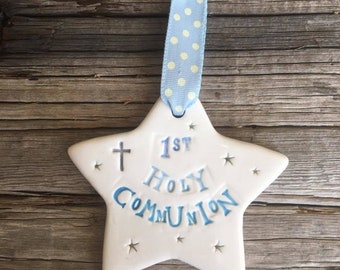 Holy Communion - Blue ǀ Porcelain Hanging Star ǀ Keepsake ǀ First Holy Communion