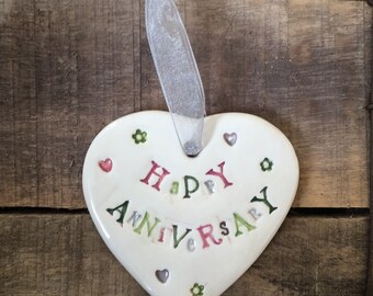 Happy Anniversary Porcelain Heart ǀ Porcelain Hanging Heart ǀ Keepsake ǀ Gift