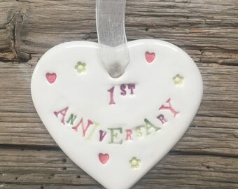 First (1st) Anniversary Porcelain Heart ǀ Porcelain Hanging Heart ǀ Keepsake ǀ Gift