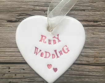 Ruby (40th) Anniversary Porcelain Heart ǀ Porcelain Hanging Heart ǀ Keepsake ǀ Gift