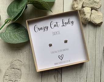 Crazy Cat Lady Earrings | Sterling Silver Earrings | Personalised Earrings | Stud Earrings | Crazy Cat Lady | Cat Earrings | Cat | Pawprint