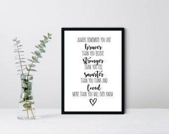 Remember You Are Braver Quote | A4 Framed Print | Home Decor | Wall Art | A4 Print| Wall Quote | Winnie the Pooh