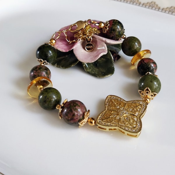 Bracelet en pierres naturelles Unakite avec accessoires perles Lampwork