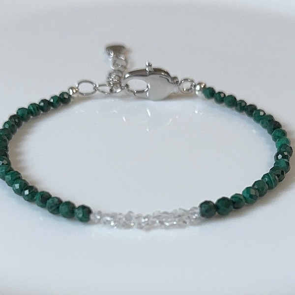 Bracelet pierre naturelle Malachite avec des Diamants Herkimer, lithothérapie , calme, transformation