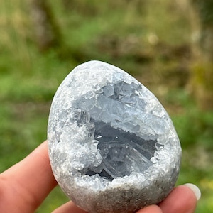 Peut inclure: Un œuf de cristal de célestine bleu clair avec un centre creux bordé de petits cristaux. L'œuf est lisse et a un extérieur gris.