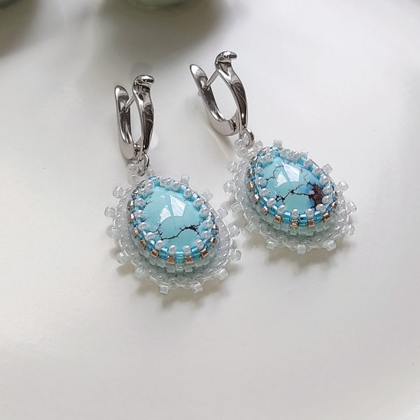 Boucles d'oreilles en véritable Turquoise avec décor perles tissées Miyuki Delica
