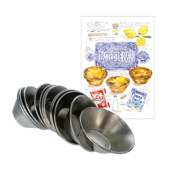 Pastel de Nata Tins - Made in Portugal out of Galvanized Steel - Includes Pastéis de Nata Print Postcard and Downloadable Recipe - Set of 12