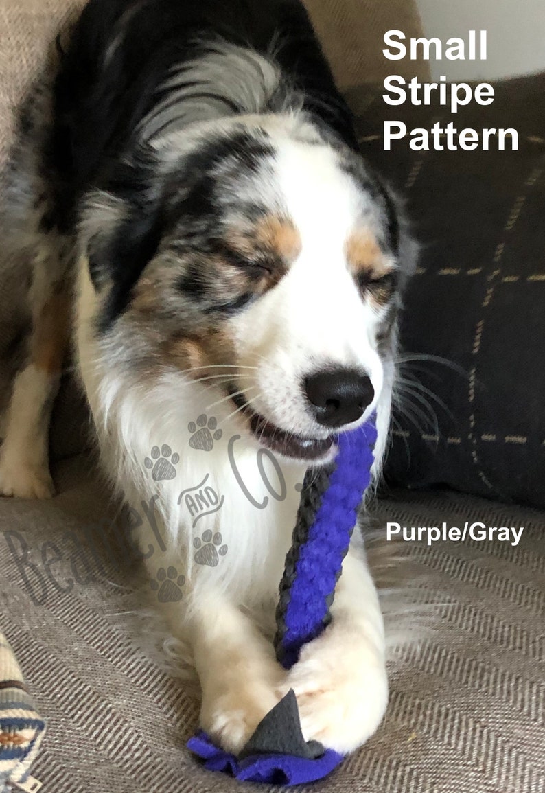 May include: A dog with a black, white, and gray coat is holding a purple and gray dog toy in its mouth. The toy has a small stripe pattern. Text on the image reads "Small Stripe Pattern" and "Purple/Gray".