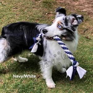 May include: A tri-color Australian Shepherd dog with blue eyes holds a navy and white rope toy in its mouth. The toy has a braided design and fabric ends. The text "Navy/White" is at the bottom left.