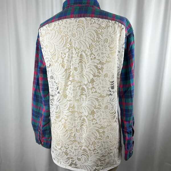 Upcycled Flannel Shirt with Repurposed Lace Back Panel. Reworked into a sustainable eco-friendly piece for trendsetters.