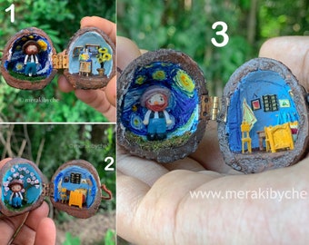 Van Gogh miniature diorama in a nutshell, tiny wooden Van Gogh, mini easel, mini starry night painting, unique Van Gogh souvenir, mini house