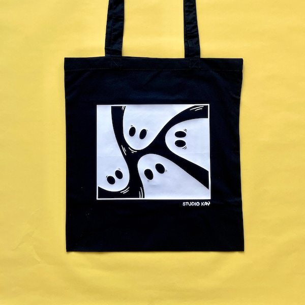 Spooky Totebag  | Reusable canvas tote bag. Black bag with glow in the dark flex vinyl | Studio Kay