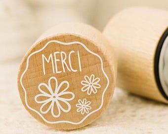 Rubber Stamp Merci Flowers | Wooden Rubber Stamp Ø3cm | Thank You Stamp for Wedding Birthday