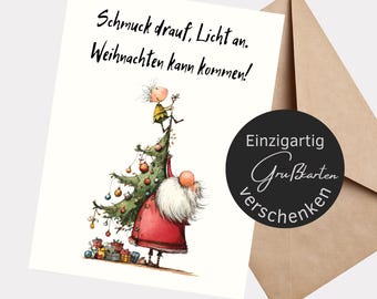 Christmas postcard – Decor on, lights on. Christmas is ready | funny elf & Santa card