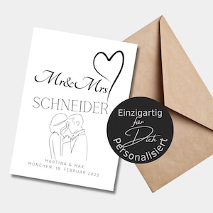 Personalisierte Hochzeitskarte | Poster oder Karte | Hochzeitstag Grußkarte | Verlobung | Heirat | Spruch Mr und Mrs Kuss zur Hochzeit
