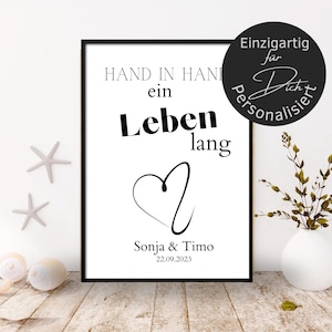 Geschenk Hochzeit Personalisiert | Poster oder Karte | Hochzeitstag | Verlobung | Heirat | Spruch Hand in Hand ein Leben lang