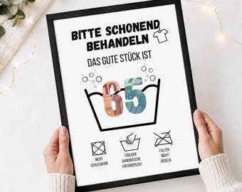 65th Birthday Money Gift Washing Instructions | Funny Birthday Gift Poster | Humorous Gift Idea