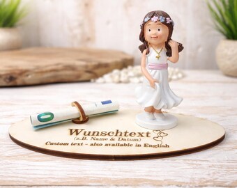 Personalized Confirmation Money Gift | Girl with Flower Wreath Figurine | Engraved Wooden Money Holder | Communion Cross Necklace