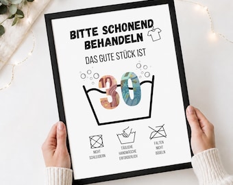 30th Birthday Money Gift Washing Instructions | Funny Birthday Gift Poster | Humorous Gift Idea