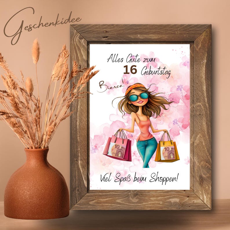 Personalisierbares Geldgeschenk Geburtstag | Shopping-Motiv DIN A4 | Wunscherfüller Poster Mädchen | Geld originell verschenken