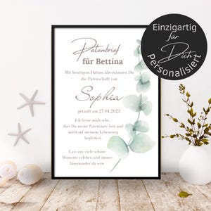 Patenbrief für Patentante oder Patenonkel als Karte oder Poster | Geschenk zur Taufe | personalisiert | Taufgeschenk | Taufbrief Eukalyptus
