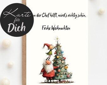 Christmas postcard – When the boss helps, things turn out great | funny office Xmas card with elf & Santa