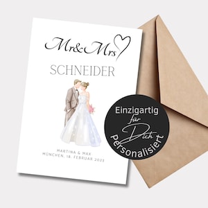 Hochzeitskarte mit Brautpaar - Personalisiert | Poster oder Karte zur Hochzeit | Geschenkidee | Hochzeitstag | Verlobung | Spruch Mr und Mrs