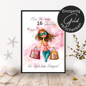 Personalisierbares Geldgeschenk Geburtstag | Shopping-Motiv DIN A4 | Wunscherfüller Poster Mädchen | Geld originell verschenken