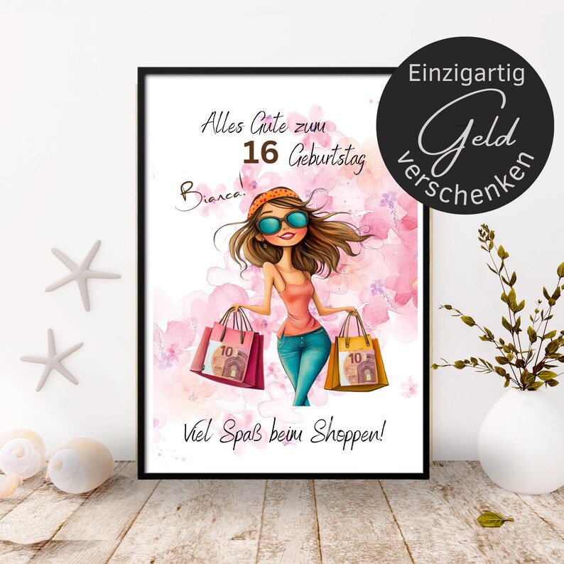 Personalisierbares Geldgeschenk Geburtstag | Shopping-Motiv DIN A4 | Wunscherfüller Poster Mädchen | Geld originell verschenken