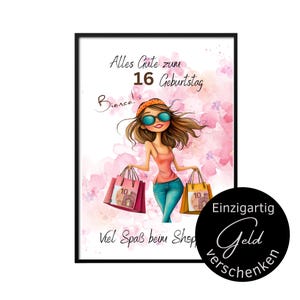 Personalisierbares Geldgeschenk Geburtstag | Shopping-Motiv DIN A4 | Wunscherfüller Poster Mädchen | Geld originell verschenken