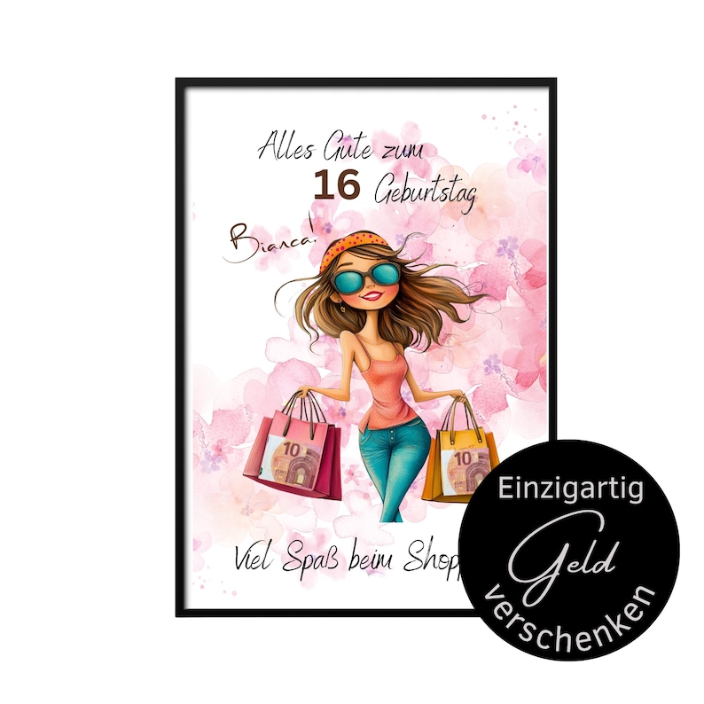 Personalisierbares Geldgeschenk Geburtstag | Shopping-Motiv DIN A4 | Wunscherfüller Poster Mädchen | Geld originell verschenken
