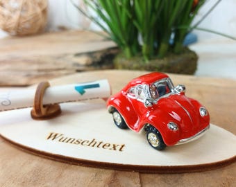 Red Beetle Money Gift 4.5cm | Personalized with Custom Text | First Car, Driver’s License or Birthday | Wood Base 5x12cm
