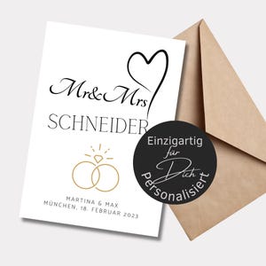 Hochzeitskarte Geschenkidee zur goldenen Hochzeit - Personalisiert | Poster oder Karte | Verlobung | Spruch Mr und Mrs Herz Eheringe in gold