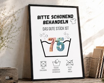 75th Birthday Money Gift Washing Instructions | Funny Birthday Gift Poster | Humorous Gift Idea
