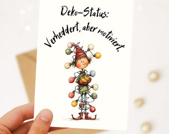 Christmas postcard – Decor status: Tangled but motivated | funny elf Xmas card | photo card, postcard, folded card – optional kraft envelope