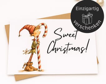 Christmas card Sweet Christmas with elf & candy cane | funny holiday card