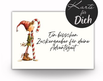 Christmas card A Little Sugar Magic for Advent | cute elf & candy cane