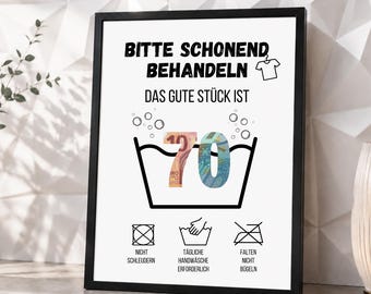 70th Birthday Money Gift Washing Instructions | Funny Birthday Gift Poster | Humorous Gift Idea