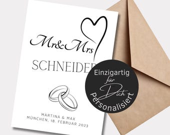Personalized silver wedding card | certificate | poster wedding anniversary | engagement | saying Mr and Mrs heart wedding rings
