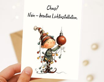 Christmas postcard – Chaos? No, creative light installation | funny elf Xmas card | photo card, postcard or folded card