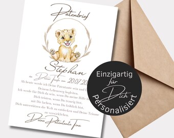 Personalized godparent letter lion card | Godparent certificate as a christening gift for the godchild | Certificate as a poster
