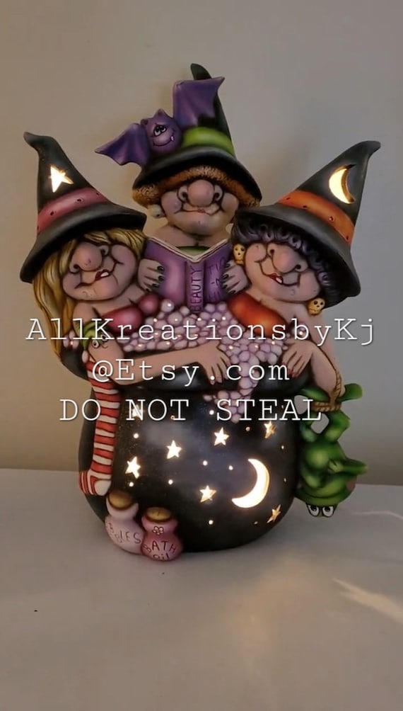 Ceramic Witches in Cauldron, Clay Magic, Bathing Beauties, Witch