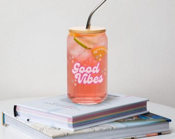 Good Vibes Only Glass Tumbler with Straw – Aesthetic Girly Cup, Cute Pink Motivational Iced Coffee Cup, Trendy Gift for Her Can-shaped glass