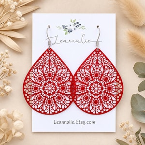 Simple Red Dangles, Dangle Earrings, Gift for Friend, Rustic Drops, Everyday, Stainless Steel, Boho