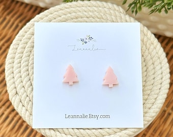 Pink Christmas Tree Stud Earrings, Stainless Steel Posts