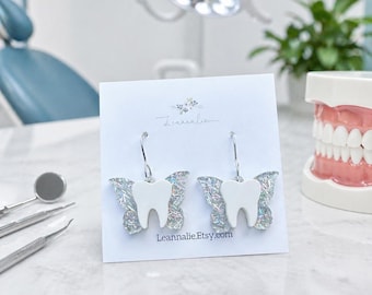 Tooth Dangle Earrings: Dental Jewelry, Tooth Fairy, Dentist Gift, RDH, RDA,
