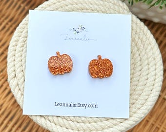 Pendientes de calabaza otoñal con purpurina, con pasadores de acero inoxidable, color naranja
